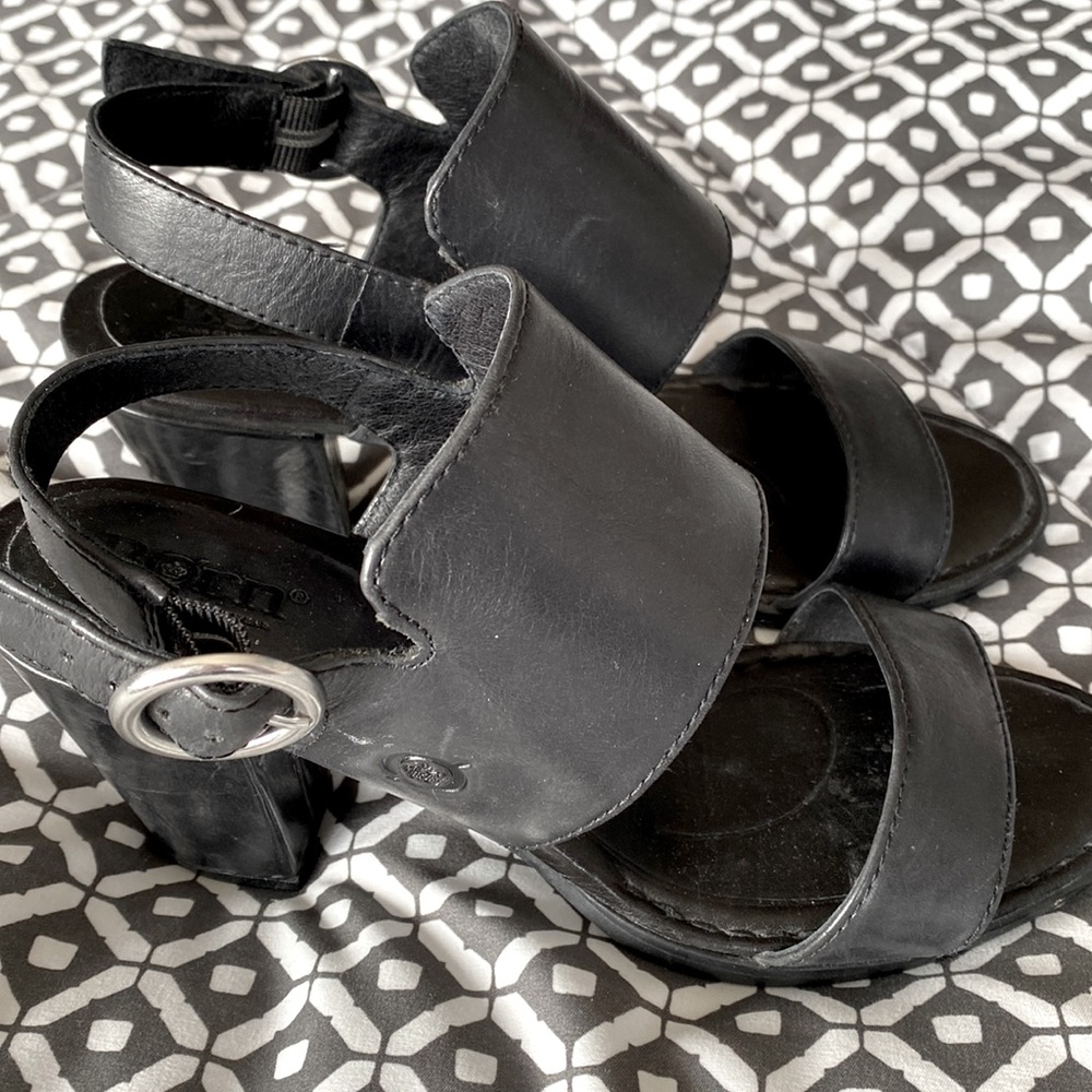 Born Black Leather Heeled Buckle Sandal 7